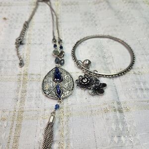 Source Unknown Silver-tone Necklace with Royal Blue Gem Drops and Tassel